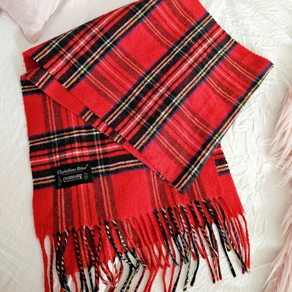 Christian Dior Red Plaid Cashmere Fringe Scarf